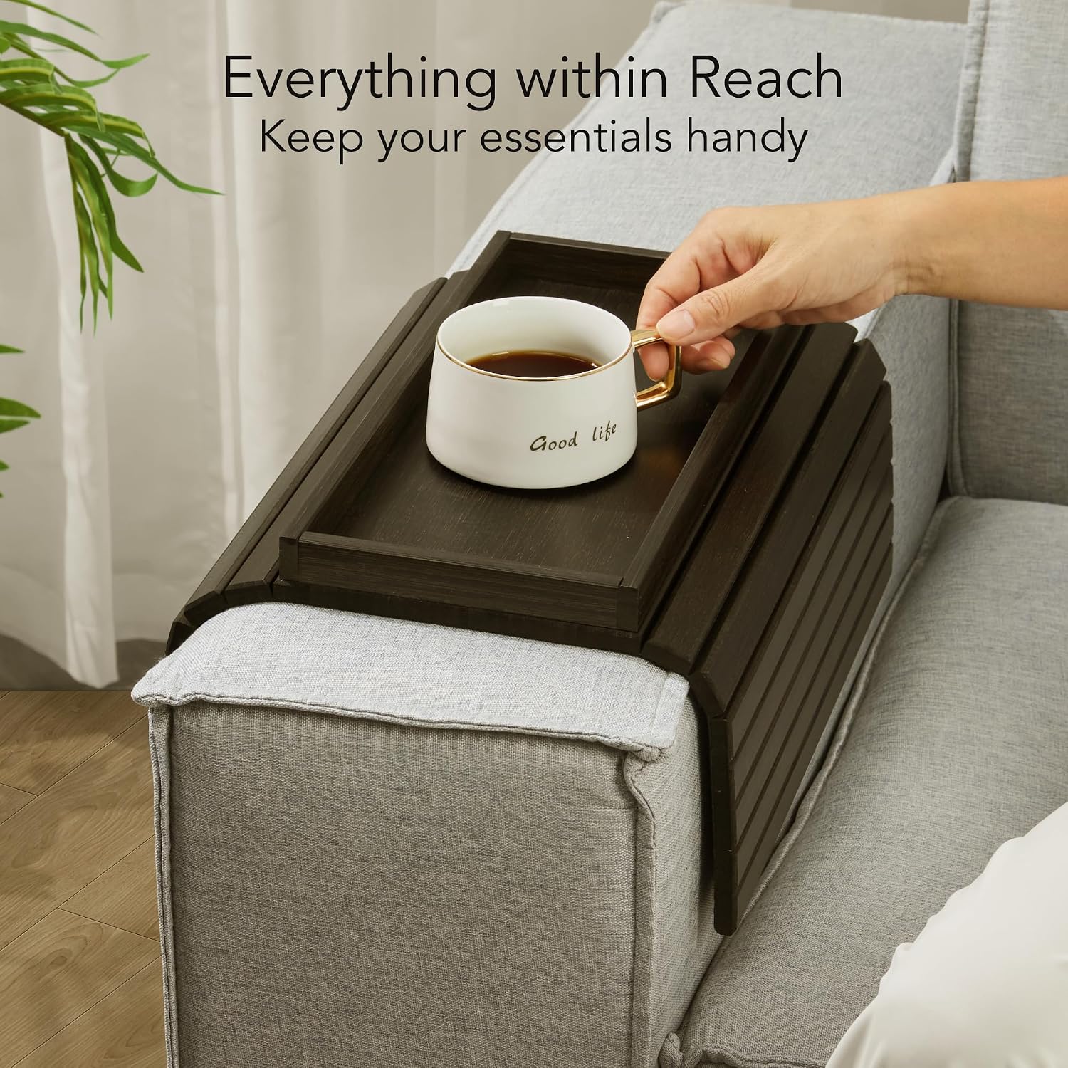 DETOR Sofa Arm Tray with Spacious 12.4" x 5.4" Storage Box, Ebony Bamboo Finish, Enhanced Non-Slip Felt Bottom, Sturdy Bamboo Slats, Fits Armrests 6" and Wider