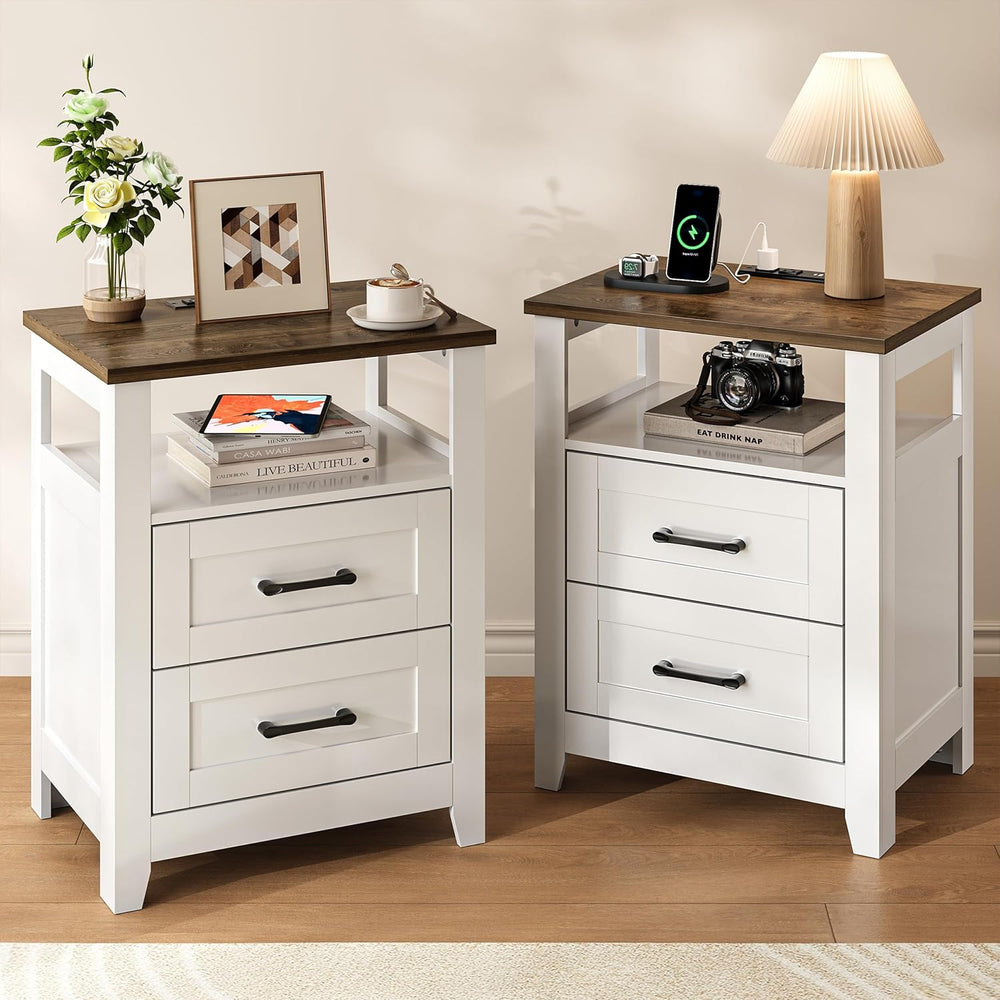 Decofy Farmhouse 2-Drawer Nightstand Set of 2 with Charging Station, White