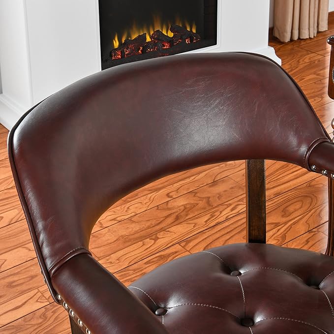 LEEMTORIG Dining Chairs with Casters and Arm, Large Rolling Dining Chairs with Wheel, Poker Table Chairs, Boss Caption's Chairs, 26"D x 25.2"W x 31.5"H, Espresso Legs & Wine Red Brown PU, XXY-1910-WR