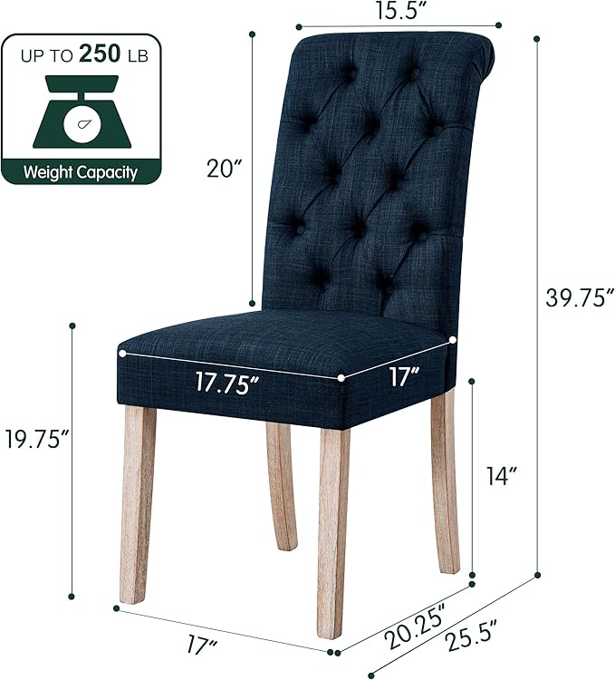 CHUN YI Dining Chairs Set of 2, Button Tufted Upholstered Fabric Dining Room Chairs with Solid Wood Legs and Curved Back, Parsons Side Chairs for Kitchen, Navy