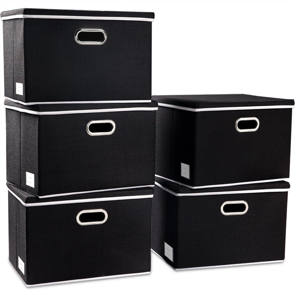 PRANDOM Foldable Storage Bin with Lid [5-Pack] Linen Fabric Decorative Storage Box Organizer Container Basket Cube with Handles Divider for Closet Office Living Room Black(14.9x9.8x9.8)