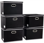 PRANDOM Foldable Storage Bin with Lid [5-Pack] Linen Fabric Decorative Storage Box Organizer Container Basket Cube with Handles Divider for Closet Office Living Room Black(14.9x9.8x9.8)