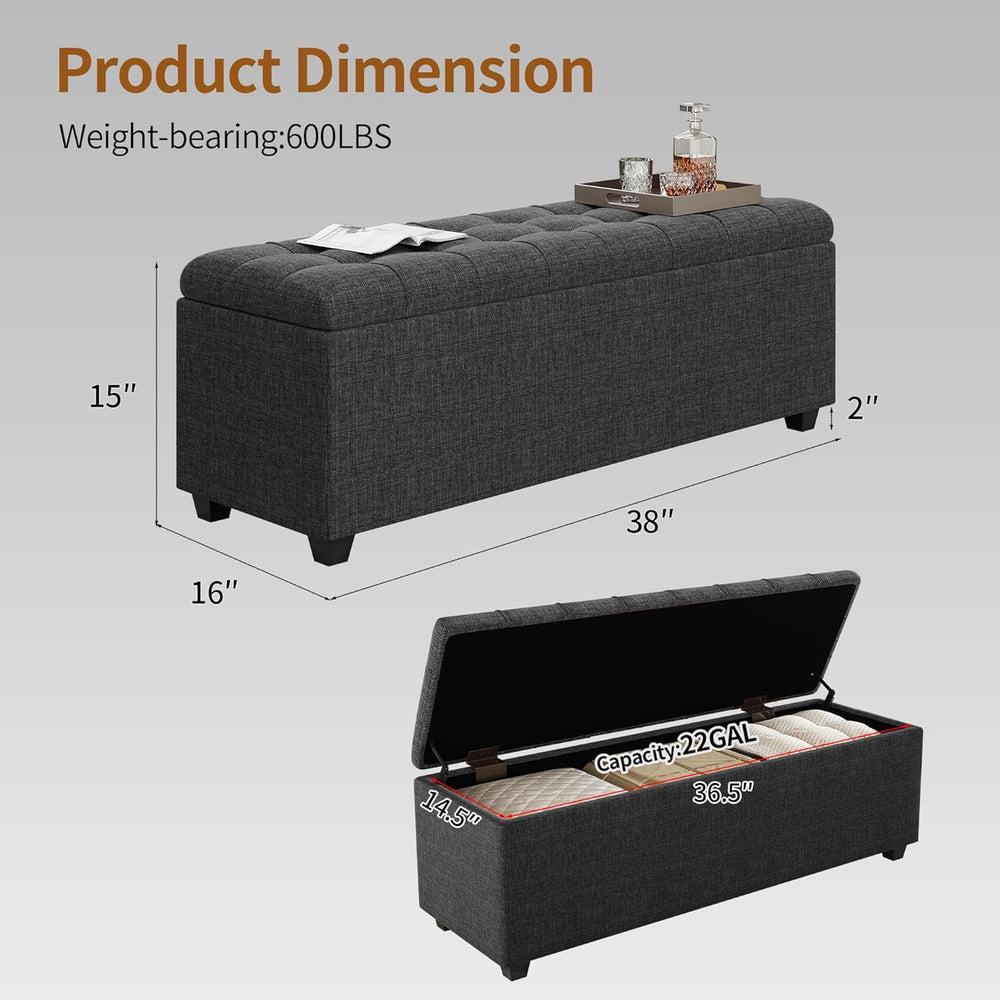 38-inch Dark Grey Fabric Storage Ottoman Bench with Hinged Lid - Long End of ...