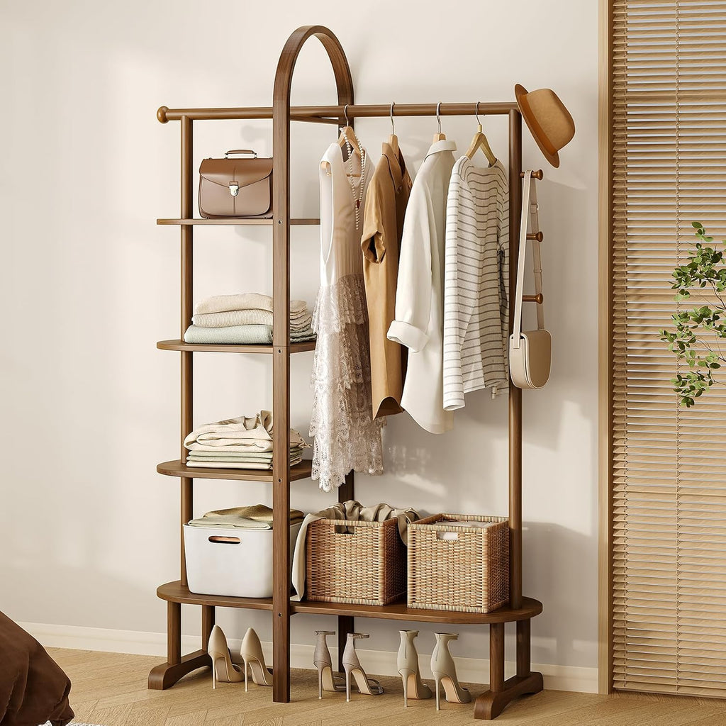 41.3" Wide 3-in-1 Freestanding Clothing Rack, Wooden Coat Rack with 4 Shelves and 5 Hooks, Solid Rubber Wood Coat Rack with Shelves for Entryway, Bedroom, Living Room, Walnut