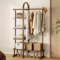 41.3" Wide 3-in-1 Freestanding Clothing Rack, Wooden Coat Rack with 4 Shelves and 5 Hooks, Solid Rubber Wood Coat Rack with Shelves for Entryway, Bedroom, Living Room, Walnut