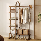 41.3" Wide 3-in-1 Freestanding Clothing Rack, Wooden Coat Rack with 4 Shelves and 5 Hooks, Solid Rubber Wood Coat Rack with Shelves for Entryway, Bedroom, Living Room, Walnut