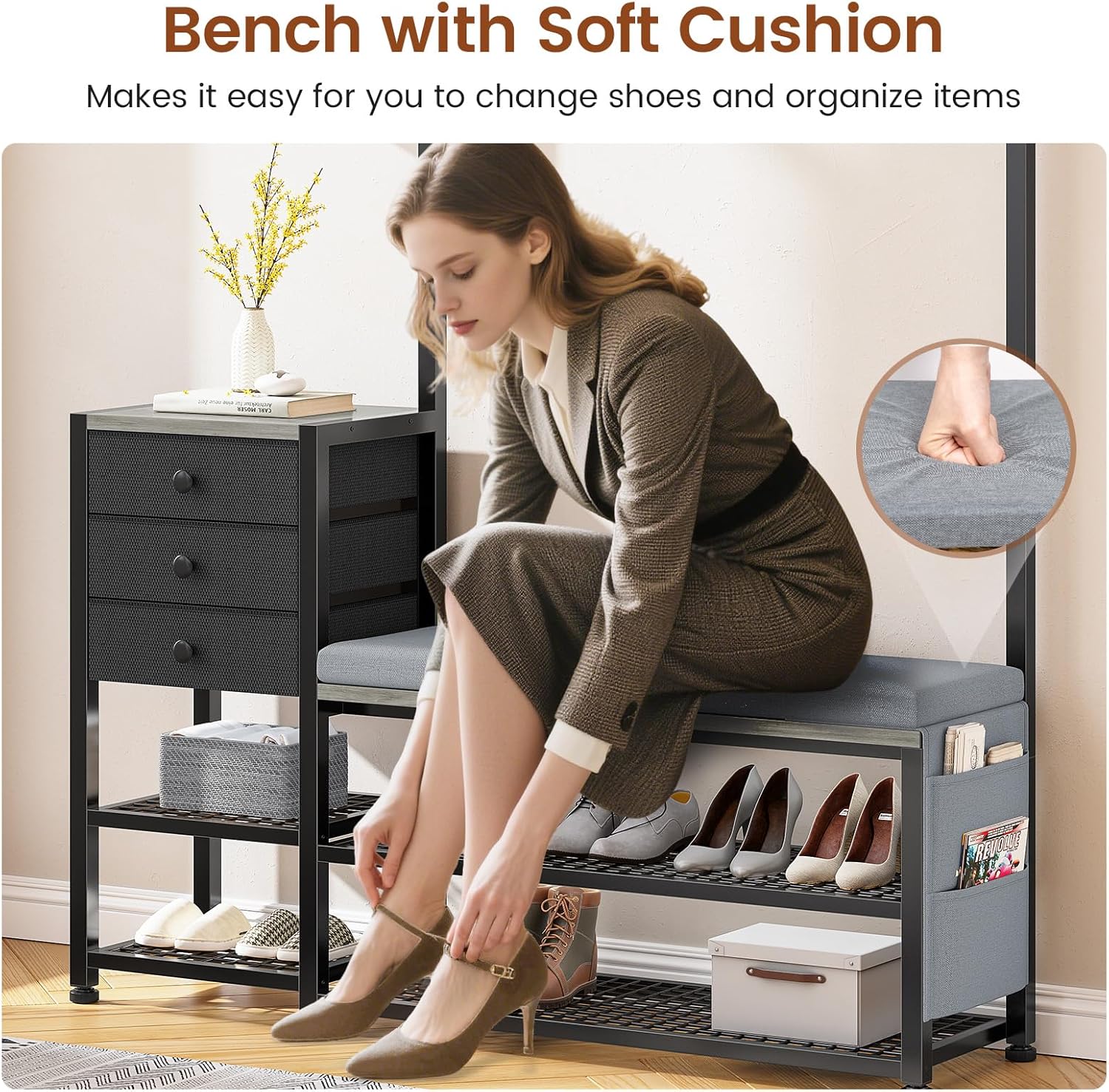 Itaar Coat Rack, Hall Tree with Bench and Shoe Storage, 7-in-1 Entryway Bench with Soft Cushion, Storage Bag, 3 Fabric Drawers(Grey)
