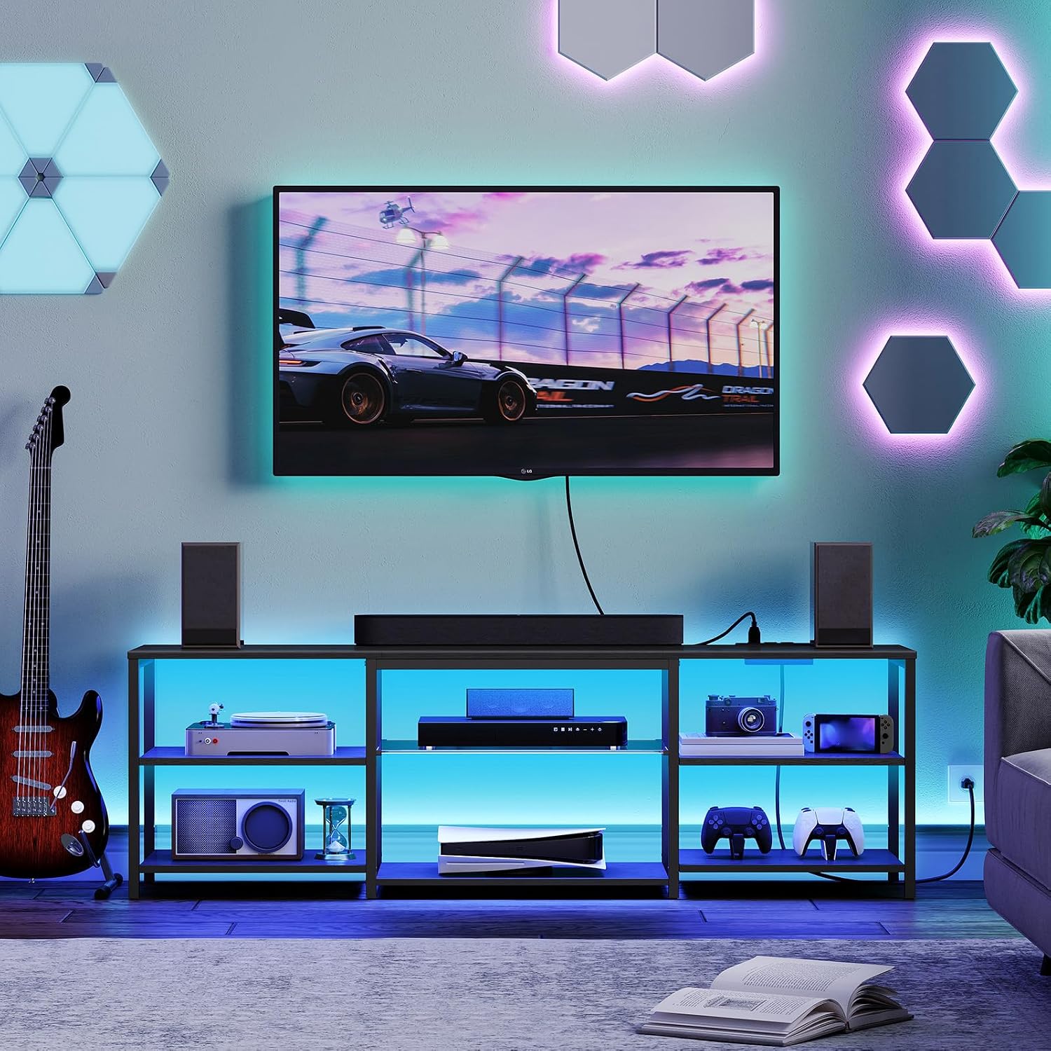 HOOBRO LED TV Stand for 75 Inch TVs with Charging Station, Gaming Entertainment Center with 3-Tier Open Storage, Long 63” Media TV Console Table, TV Stand for Living Room, Bedroom, Black BB21UDDS01