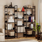 IRONCK Triple Wide 5-Tier Bookshelf with Metal Frame, Vintage Black | Back Panels Prevent Items from Falling, Sturdy Metal Frame Construction, Suitable for Living Room, Home Office