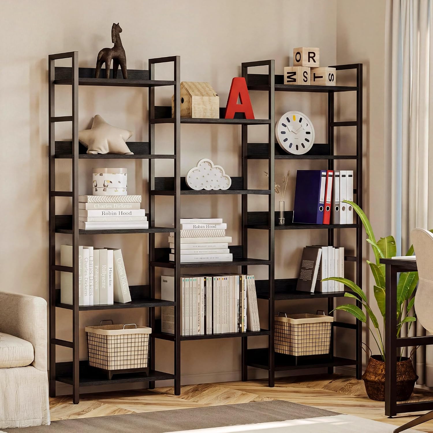IRONCK Triple Wide 5-Tier Bookshelf with Metal Frame, Vintage Black | Back Panels Prevent Items from Falling, Sturdy Metal Frame Construction, Suitable for Living Room, Home Office