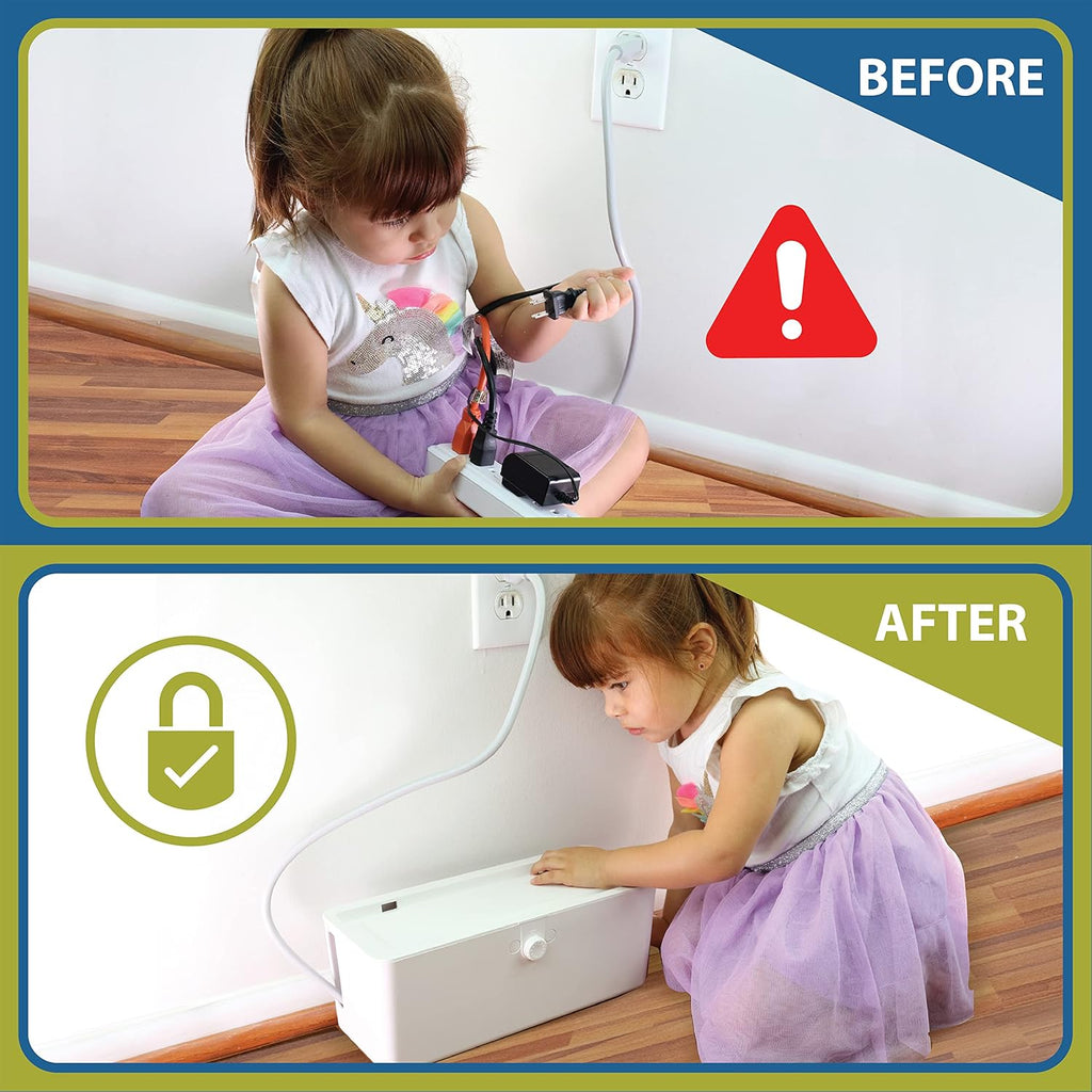 Power Strip Cover Box - Effectively Baby Proofs Power Strip with Patented Dual Lock. Convenient Side Openings for Cords & Cables. Protects Small Hands & Fingers