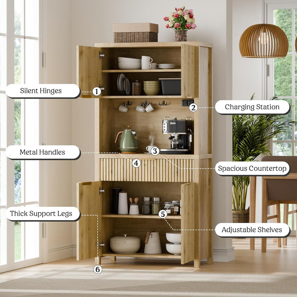 Lulive 71" Fluted Pantry Cabinet with Charging Station, Natrual | Adjust...