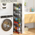 ThreeHio 6 Tier Slim Storage Cart, Narrow Cart with Wheels, Metal Mobile Shelving Unit Organizer for Kitchen, Bathroom, Laundry Room, Living Room & Narrow Spaces, Black, 6in(W)