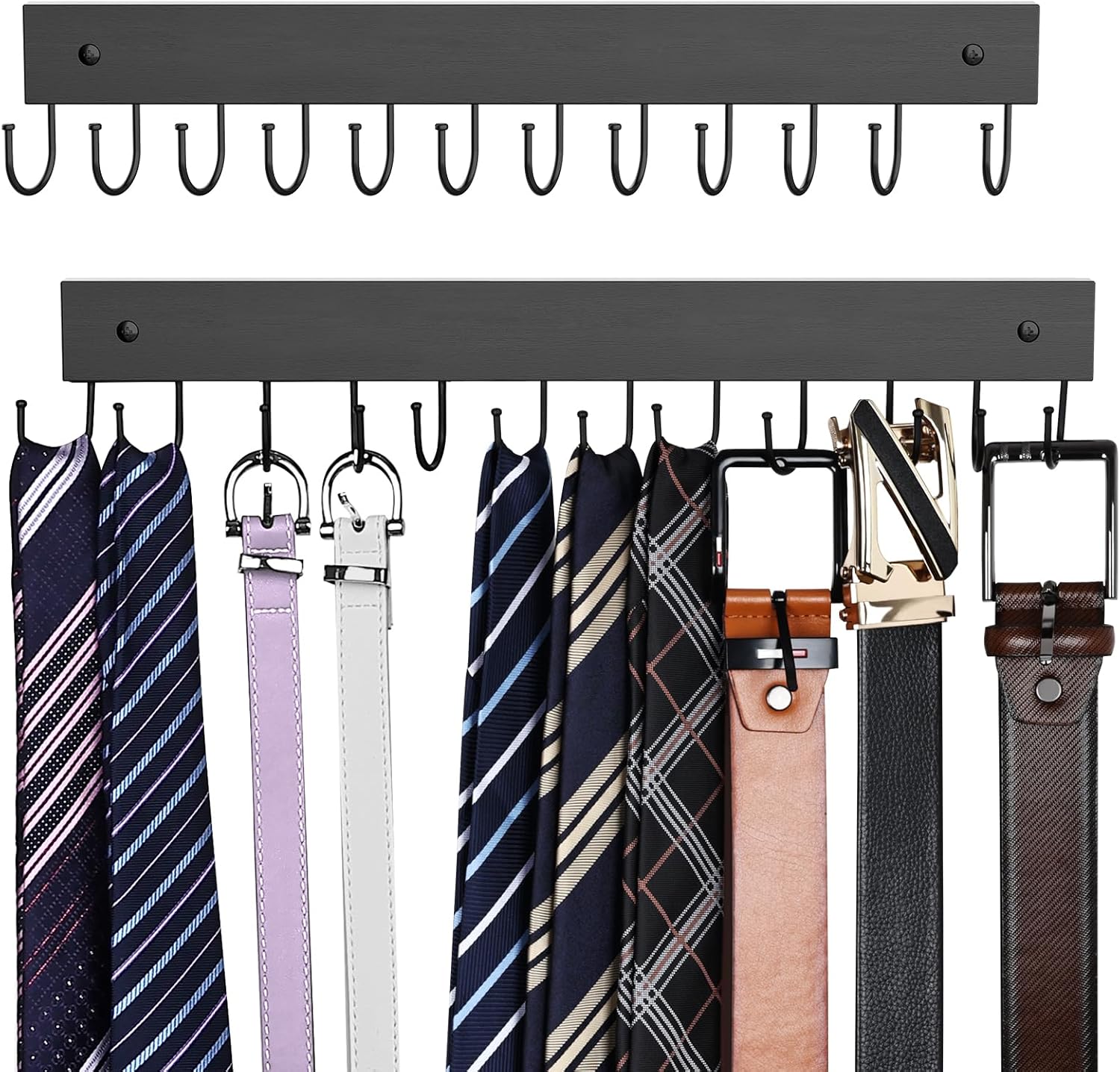 Belt Hanger Wall Mounted, Wooden Belt Organizer 2 Pack Max 24 Storage Capacity, 180° Rotating Space Saving Hangers for Ties, Tank Tops, Scarves, Bras, Keys, Bags Halloween Black
