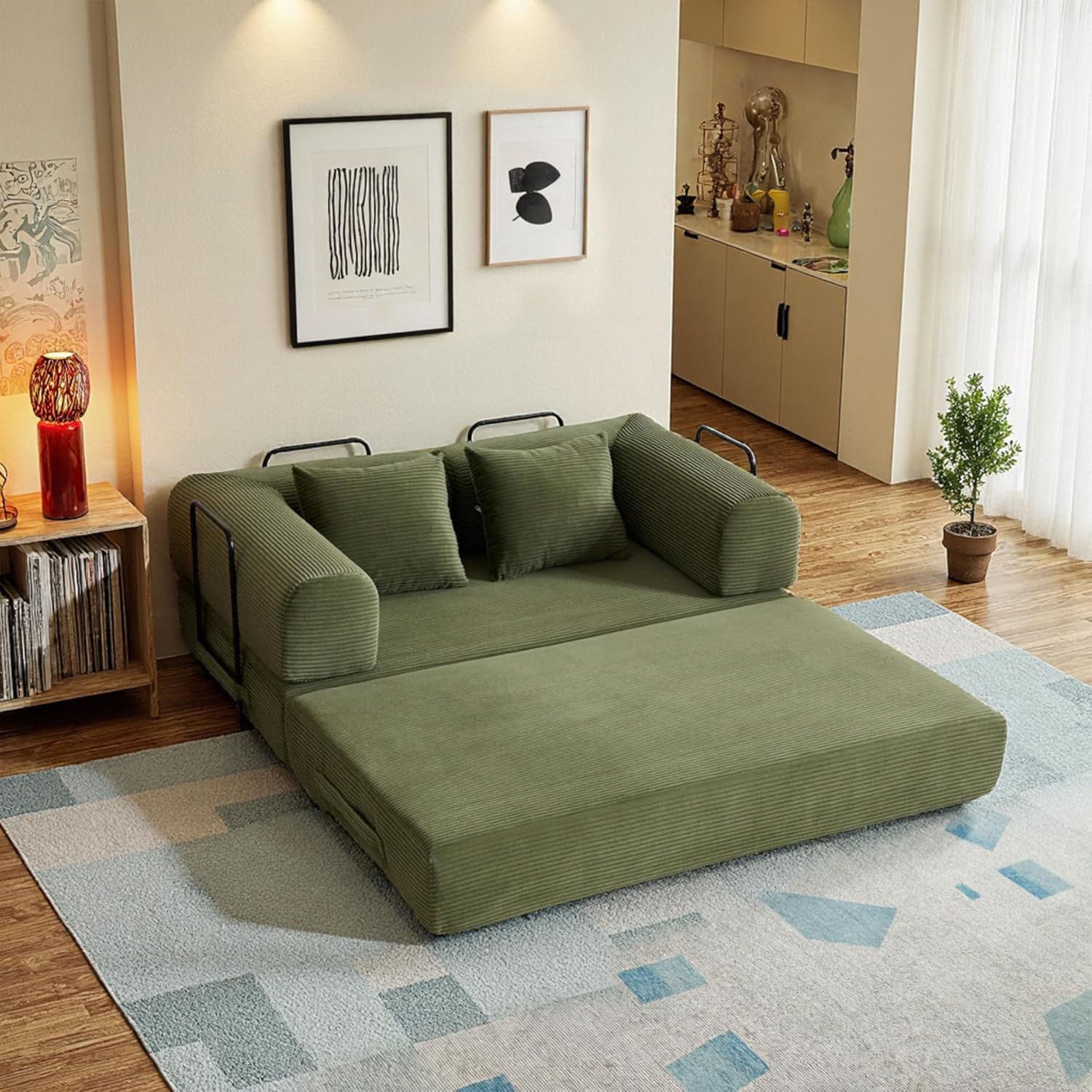 59in Boneless Couch Convertible Futon Sofa Bed Queen for Small Space | Corduroy Boneless Sleeper Sofa, Pull Out Modular Couch, Apartment Friendly for Study Room & Living Room, No Assembly | Green