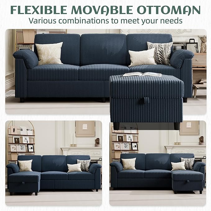 Vongrasig Convertible Sectional Sofa Couch, 3 Seat L Shaped Sofa with Removable Pillows Soft Corduroy Fabric Small Couch Mid Century for Living Room, Apartment and Office (Blue)