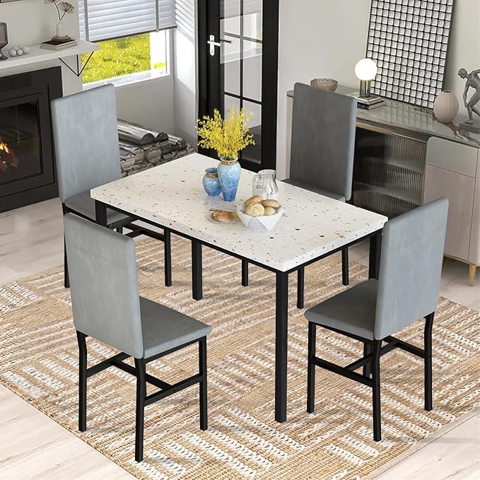 Hooseng 5 Piece Dining Table Set for 4, Small Faux Marble Kitchen Table with 4 Velvet Chairs, Modern Dining Room Table Set for Small Space, Breakfast Nook, Dinette