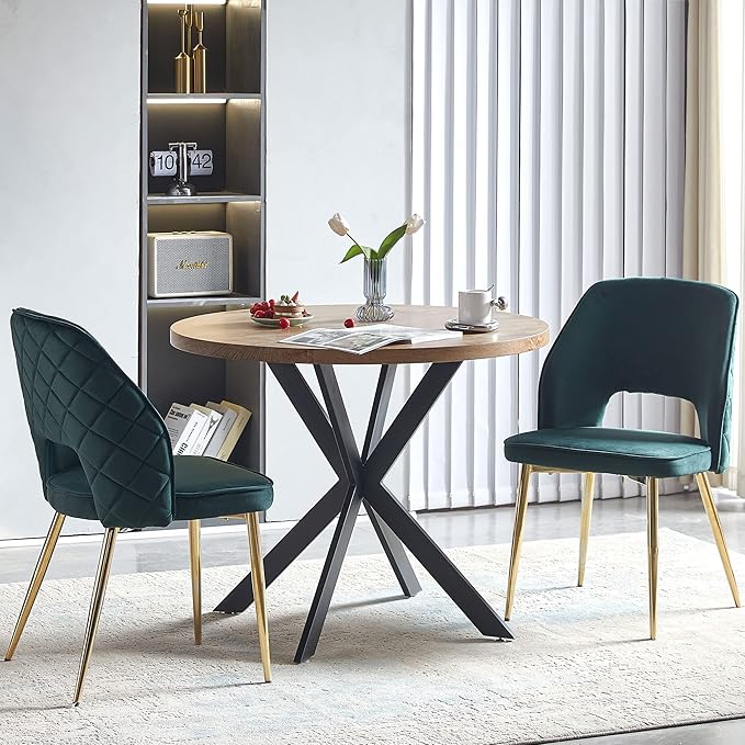 NORDICANA Modern Dining Chair Set of 2, Forest Green Velvet Fabric Upholstered Accent Chairs with Golden Metal Legs, Round Back Side Chairs for Kitchen Living Room Bedroom