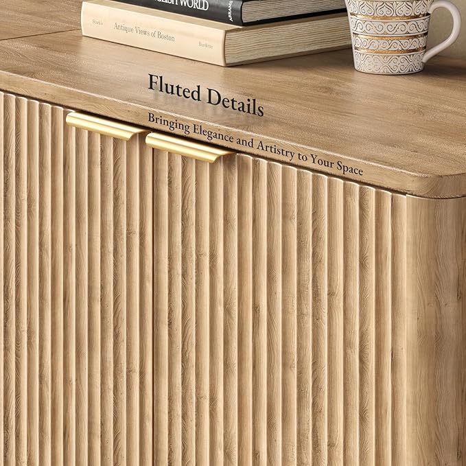 63" Oak Buffet Cabinet with Storage, Large Fluted Sideboard with Adjustable Shelves, Accent Credenza for Living Room, Entryway, Dining Room, Kitchen, Coffee Bar Table with Doors