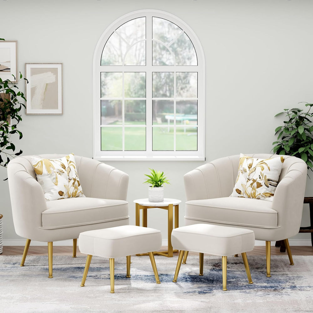 Andeworld Velvet Accent Chair with Ottoman, Barrel Armchair, Beige | Velvet U...