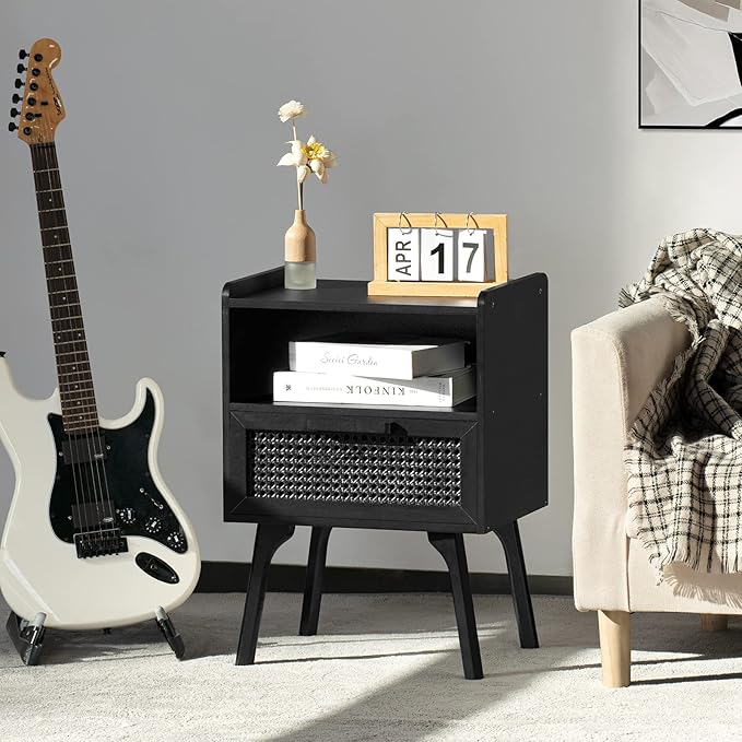 Lerliuo Rattan Nightstands Set of 2, Boho Side Table with Drawer Open Shelf, ...