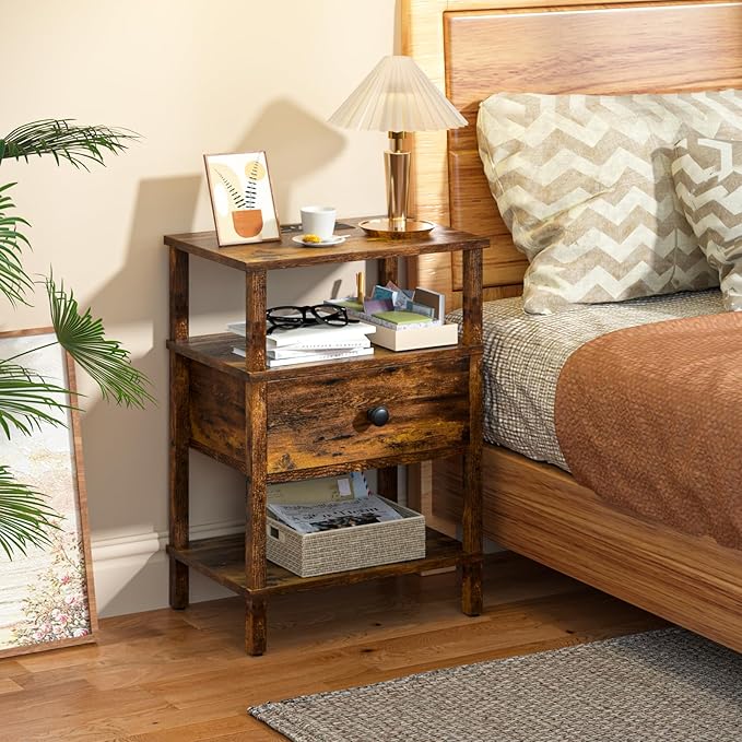 Lerliuo Nightstand with Charging Station and USB Ports, 3-Tier Storage End Ta...
