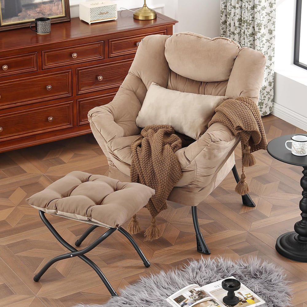 Lazy Chair with Ottoman, Comfy Chair with Pillow，Pure Khaki