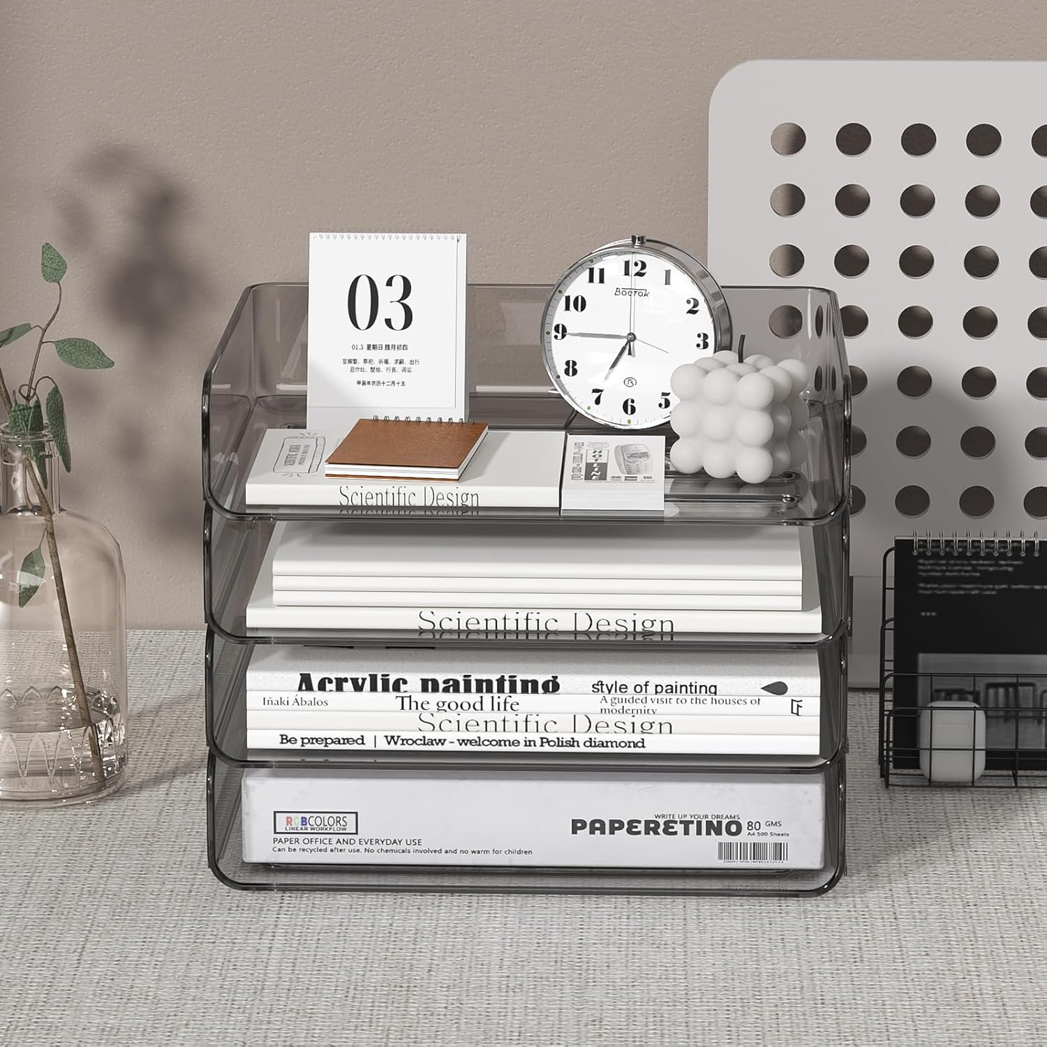 4-Tier Acrylic Paper Tray Organizer - Low-Profile Desk File Sorter for Office/Home, Brown Stackable Letter Tray for Bills, Crafts, Notebooks
