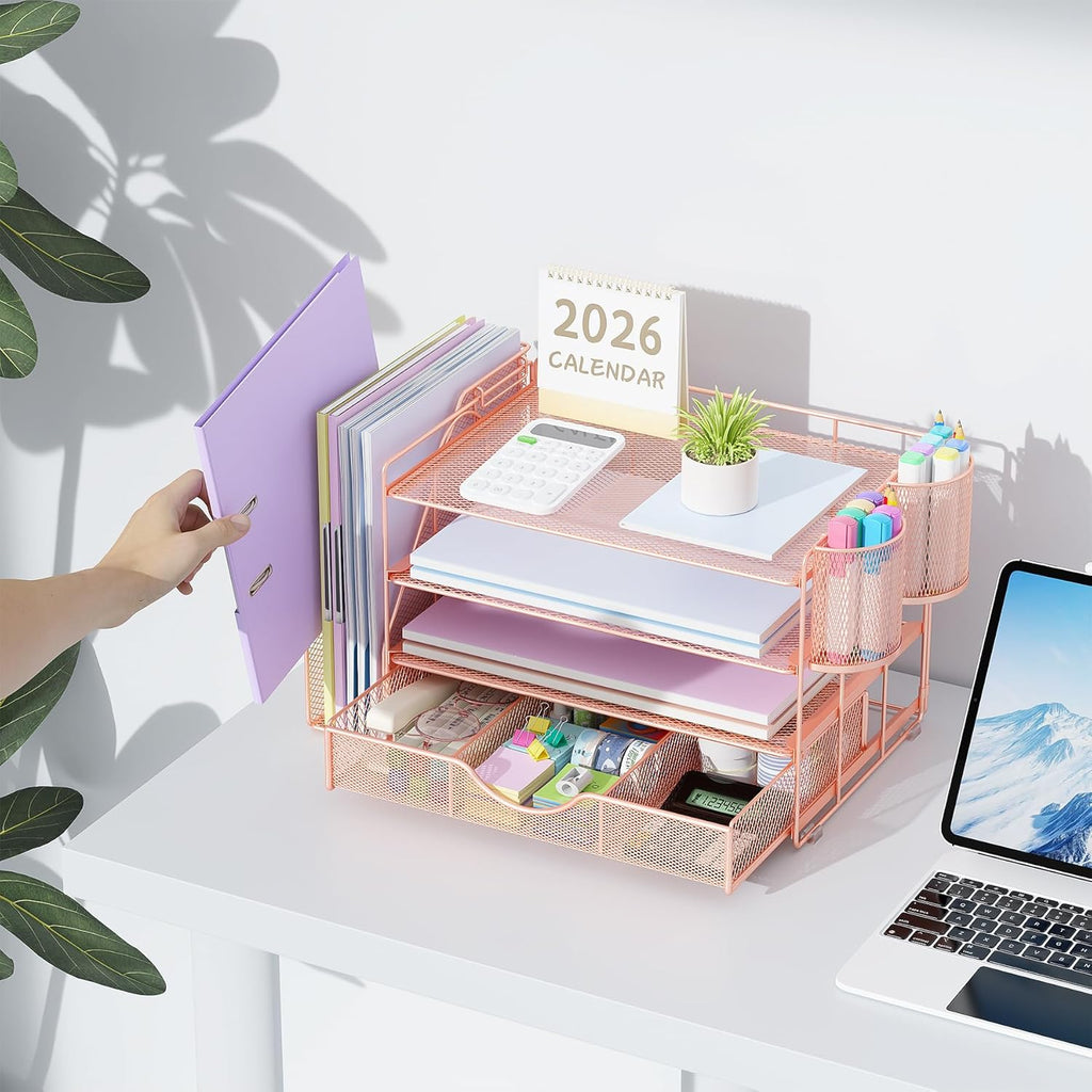 gianotter Desk Organizers and Accessories with File Holder, 4-Tier Desk Accessories & Workspace Organizers with Drawer and 2 Pen Holder, Paper Organizer for Office Supplies (Rose Gold)