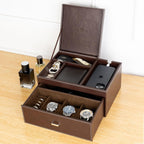 Mens Jewelry Box Organizer & Dresser Valet Tray - Premium Nightstand Station for Watches, Rings, and Accessories - Mens Dresser Top Organizer with Multiple Compartments and Soft Lining (Brown)
