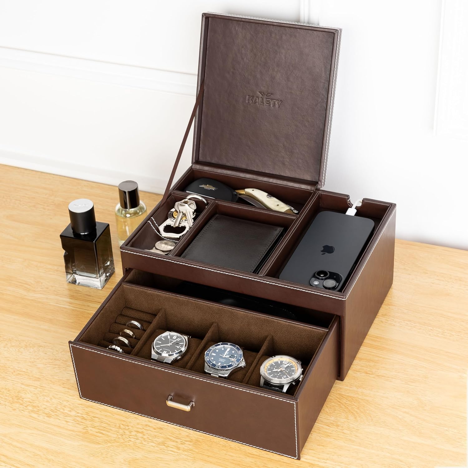 Mens Jewelry Box Organizer & Dresser Valet Tray - Premium Nightstand Station for Watches, Rings, and Accessories - Mens Dresser Top Organizer with Multiple Compartments and Soft Lining (Brown)