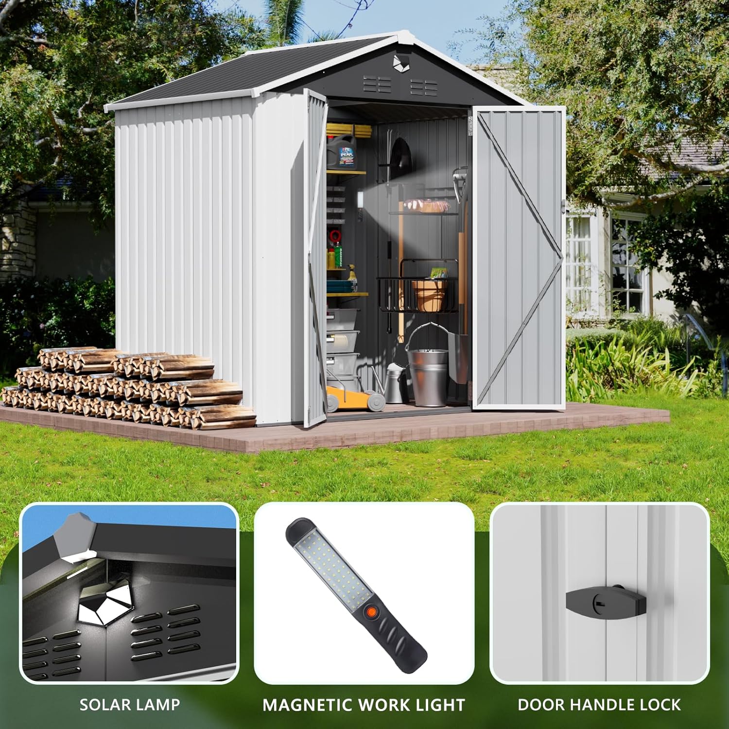 Metal Storage Shed,Outdoor Storage Building 8x6,Large Backyard Shed with Lockable Door,Waterproof Outside Storage Shed，White