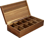 Elama Acacia Wood 14.25 x 7.5 Inch 10 Compartment Tea Box, Tea Bag Organizer, Magnetic Lid, Kitchen Storage