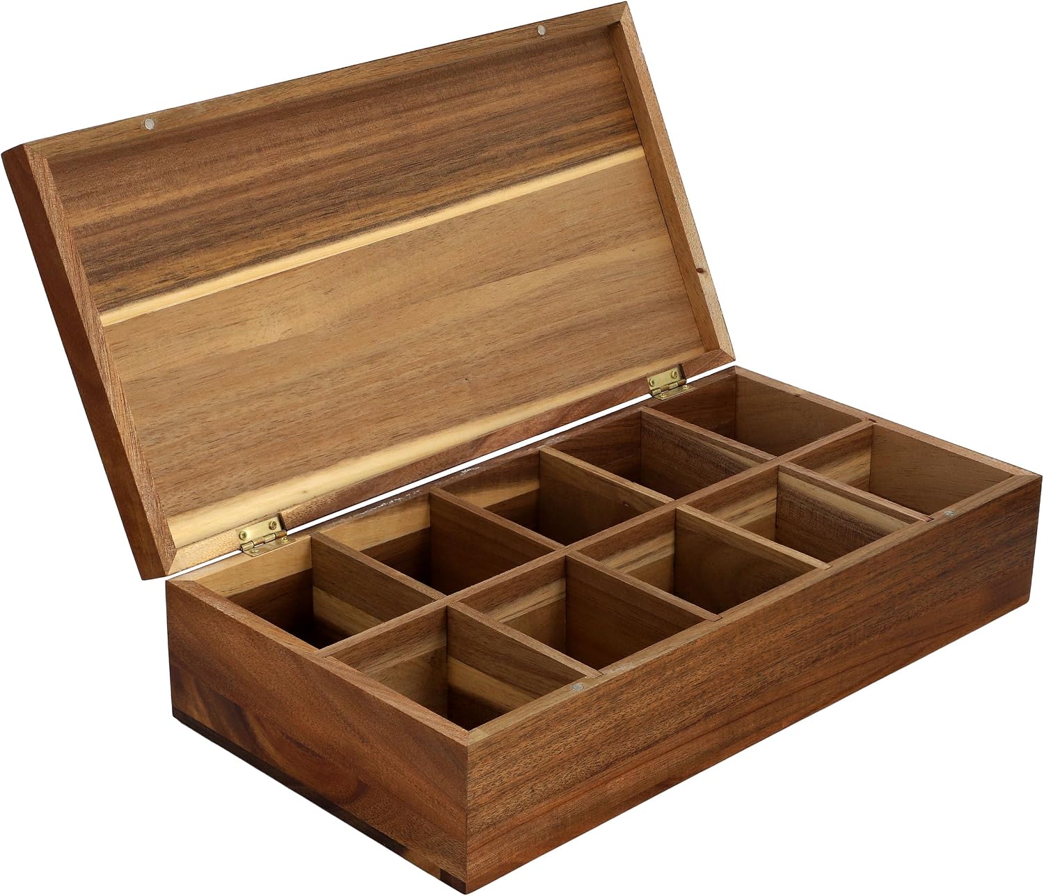 Elama Acacia Wood 14.25 x 7.5 Inch 10 Compartment Tea Box, Tea Bag Organizer, Magnetic Lid, Kitchen Storage