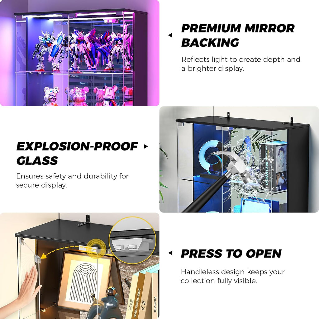 VersionTECH. Display Cabinet with Glass Doors, 4-Tier Curio Cabinet with RGB Lights for Collectibles, Display Case with 2 Drawers, Adjustable Glass Shelves, Human Body Sensor, Mirror Backing, Black