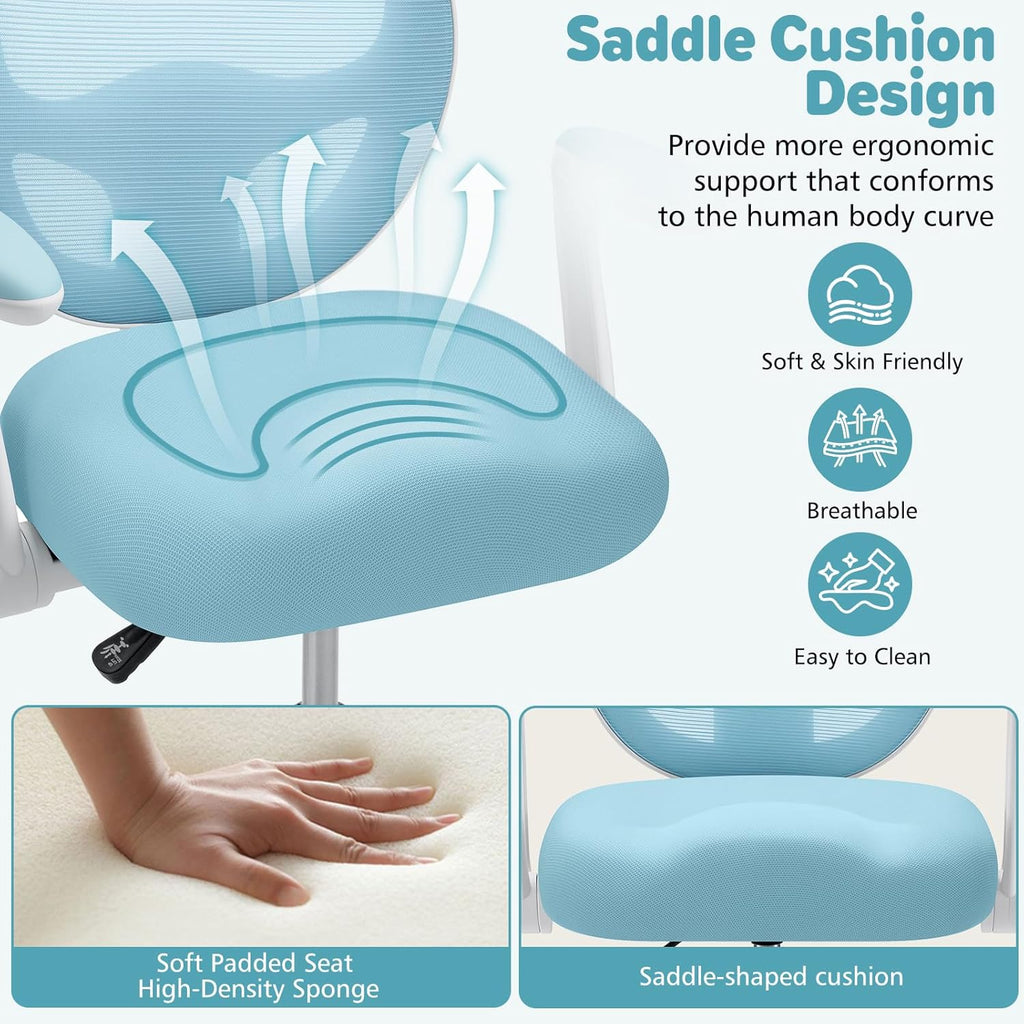 Kids Desk Chair Ergonomic Study Chair with Flipped Armrest and Footrest Swivel Mesh Desk Chair with Wheels Home Office Chair for Children in Home Bedroom Blue