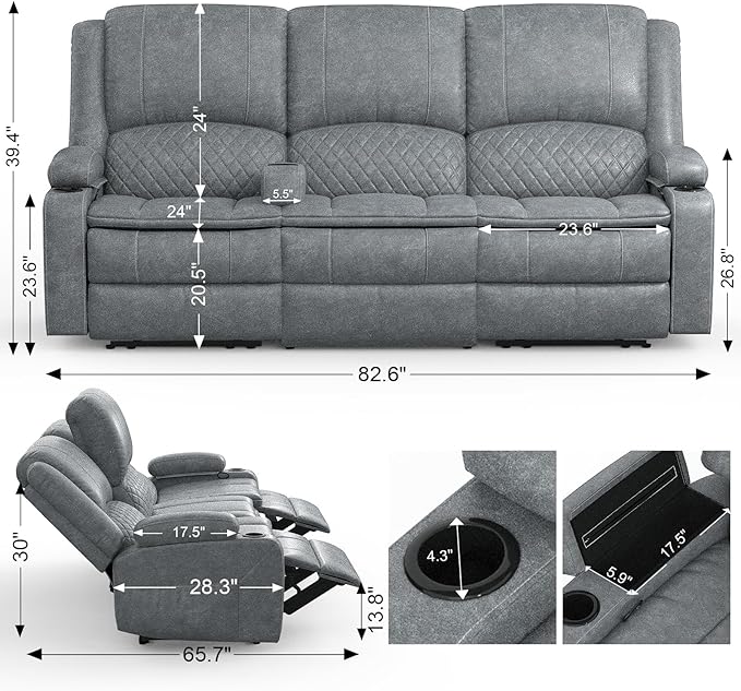 3-Seater Recliner Sofa, Manual Reclining Couch with Multi-Functional Middle Seat, Reclining Sofa for Living Room with Hidden Storage Space, Cup Holders, and Removable Console