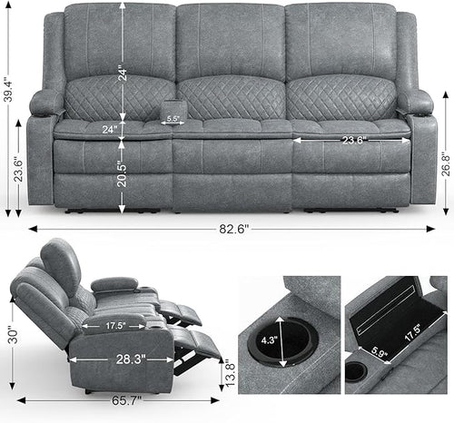 3-Seater Recliner Sofa, Manual Reclining Couch with Multi-Functional Middle Seat, Reclining Sofa for Living Room with Hidden Storage Space, Cup Holders, and Removable Console