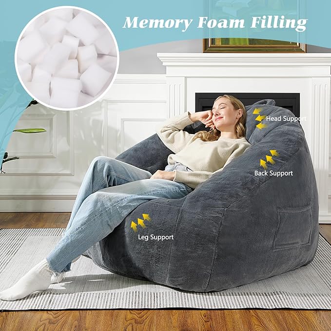 Giant Bean Bag Chair for Adults and Kids, BeanBag Couch Filler with Memory Foam, Ergonomic Faux Fur Shell-Shaped Boneless Chair and Reading Living Room, Bedroom, Grey