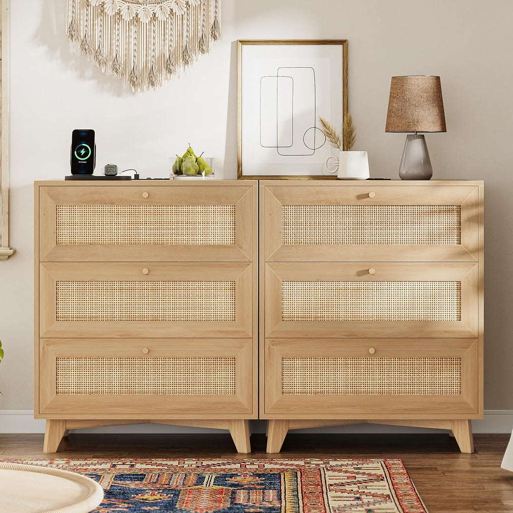 VIAGDO Rattan Nightstand Set of 2 with Charging Station, Natural Rattan Night...