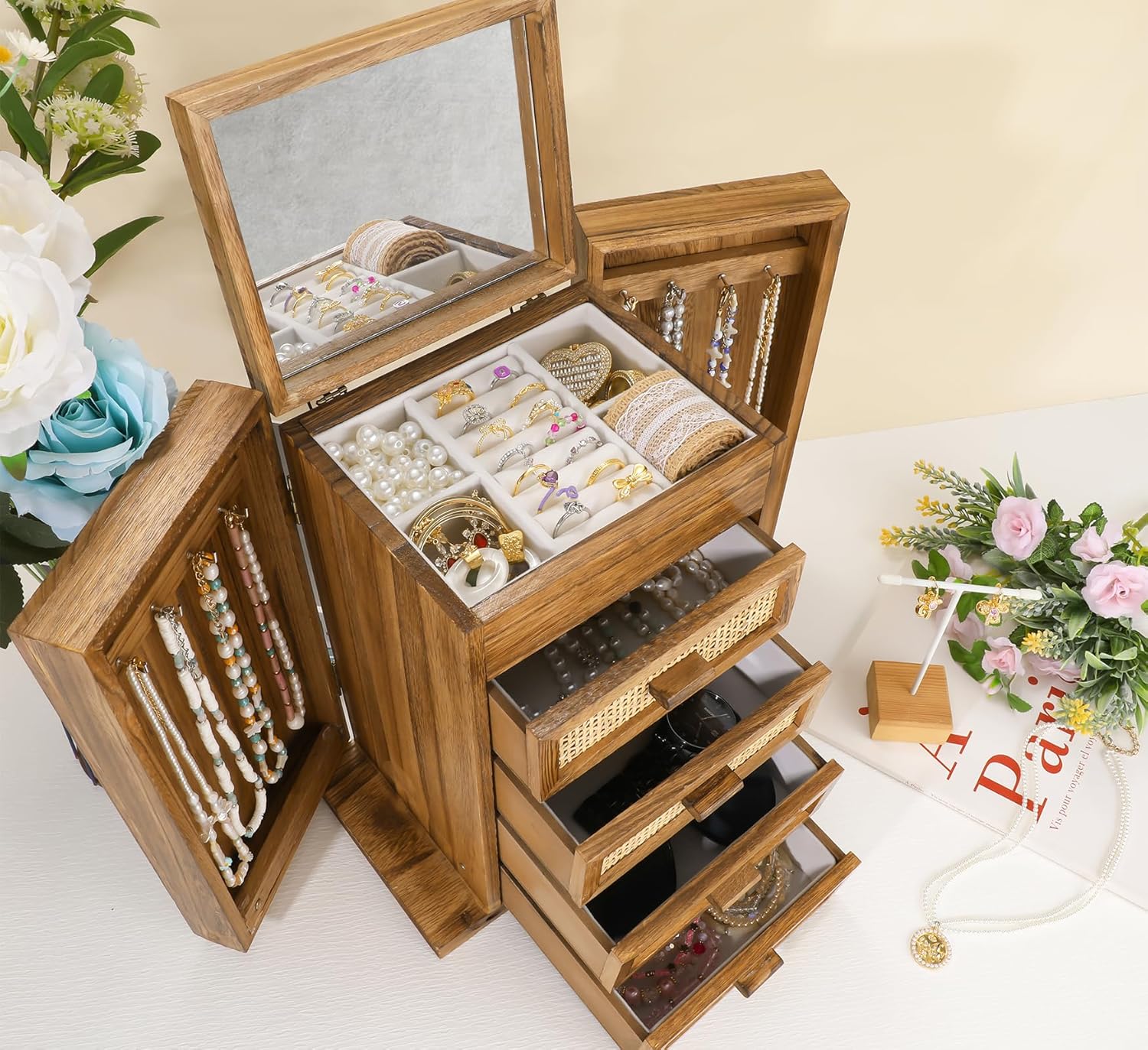 Jewelry Organizer, Rattan Jewelry Box, 5 Layer Wooden Jewelry Organizer Box with Mirror, Jewelry Boxes with 4 Drawers for Women Men, Jewelry Storage for Rings Earrings Necklaces Bracelets Watch