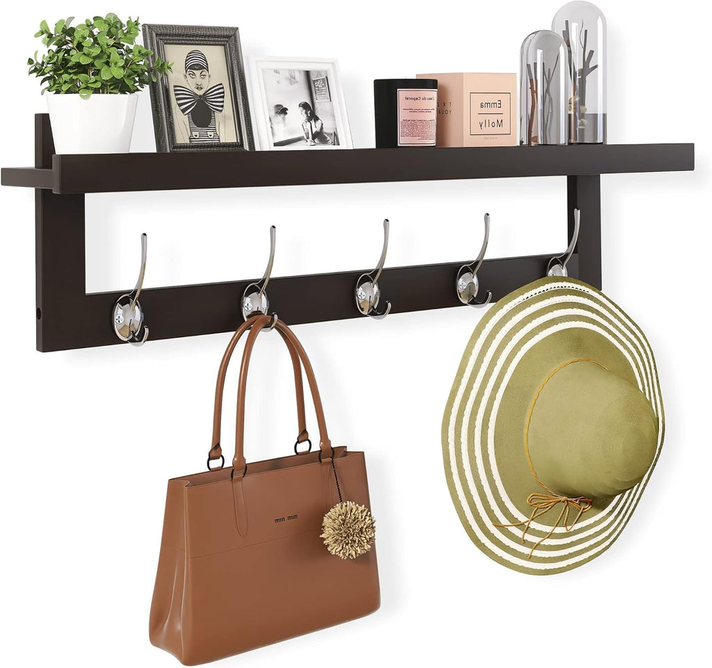 SMIBUY Coat Hooks with Shelf Wall-Mounted, 29.2 Inch Entryway Coat Rack for Wall, Bamboo Hanging Shelf with 5 Double Metal Hooks for Bathroom, Bedroom, Kitchen, Living Room, Mudroom (Dark Brown)