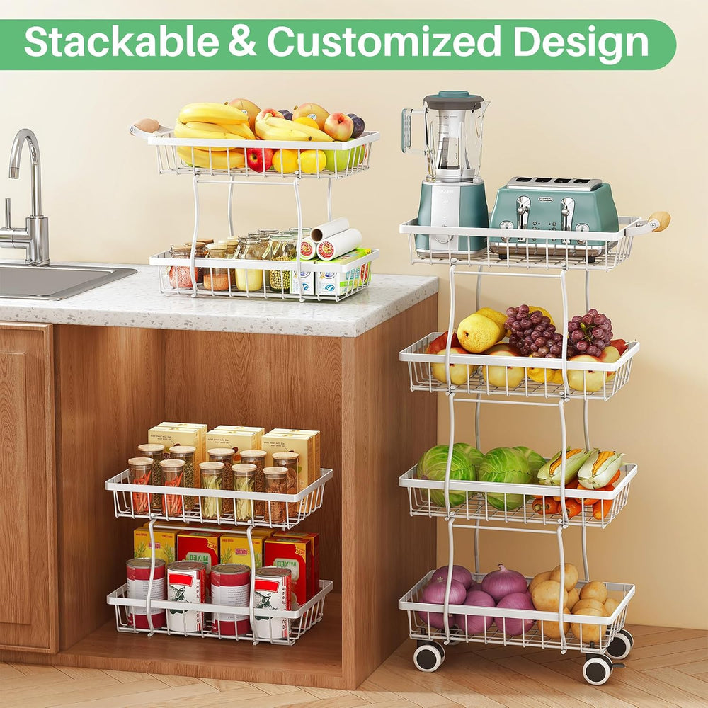 SAYZH 4-Tier Fruit Basket Stand with Vegetable Baskets for Kitchen, White | S...