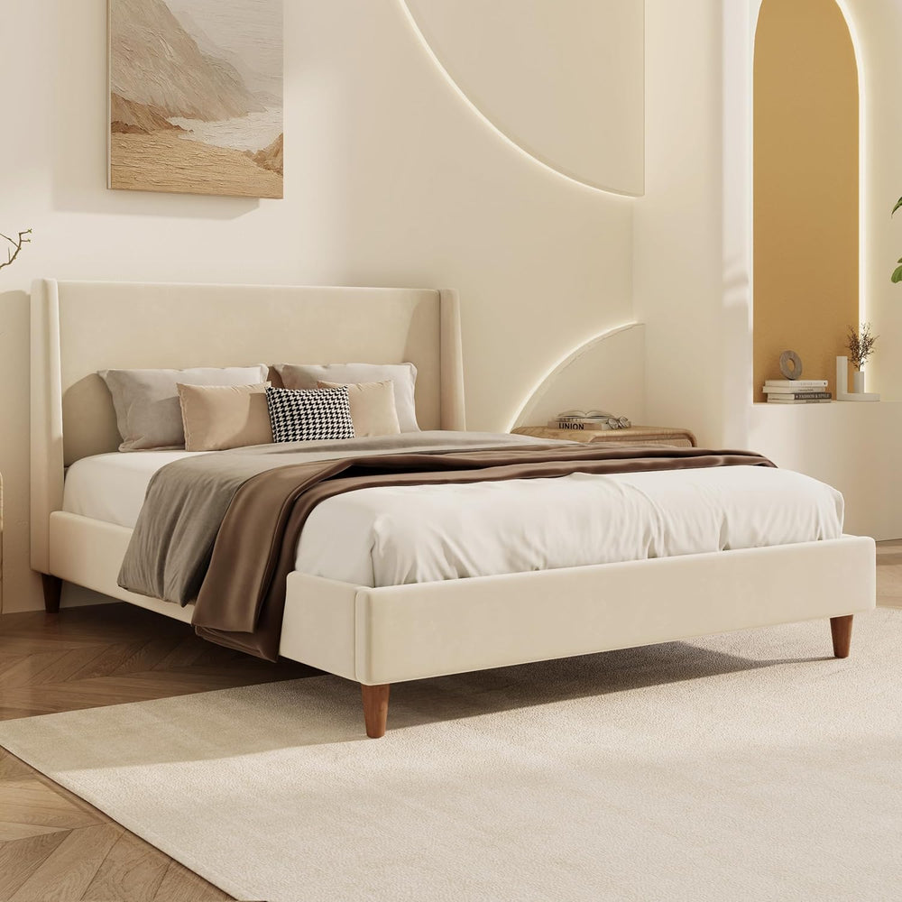 JIJIWANG Queen Velvet Upholstered Platform Bed with Wingback Headboard, Mid-C...