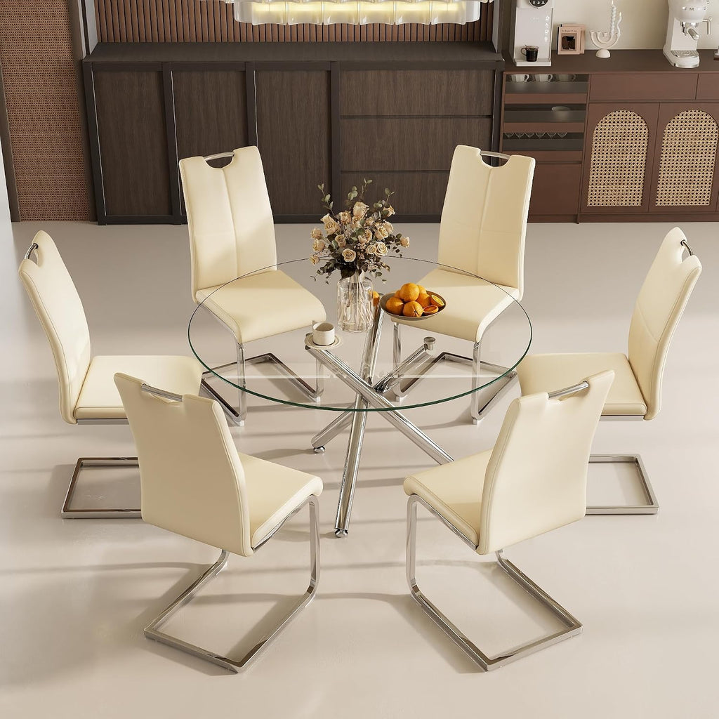 Modern Luxury Round Glass Dining Set for 6, 7 Pieces Clear Circle Glass Kitchen Table with Beige Faux Leather Chairs Set, 47'' Minimalist Circular Dinner Room Set, for Large Place (Silver)