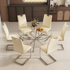 Modern Luxury Round Glass Dining Set for 6, 7 Pieces Clear Circle Glass Kitchen Table with Beige Faux Leather Chairs Set, 47'' Minimalist Circular Dinner Room Set, for Large Place (Silver)