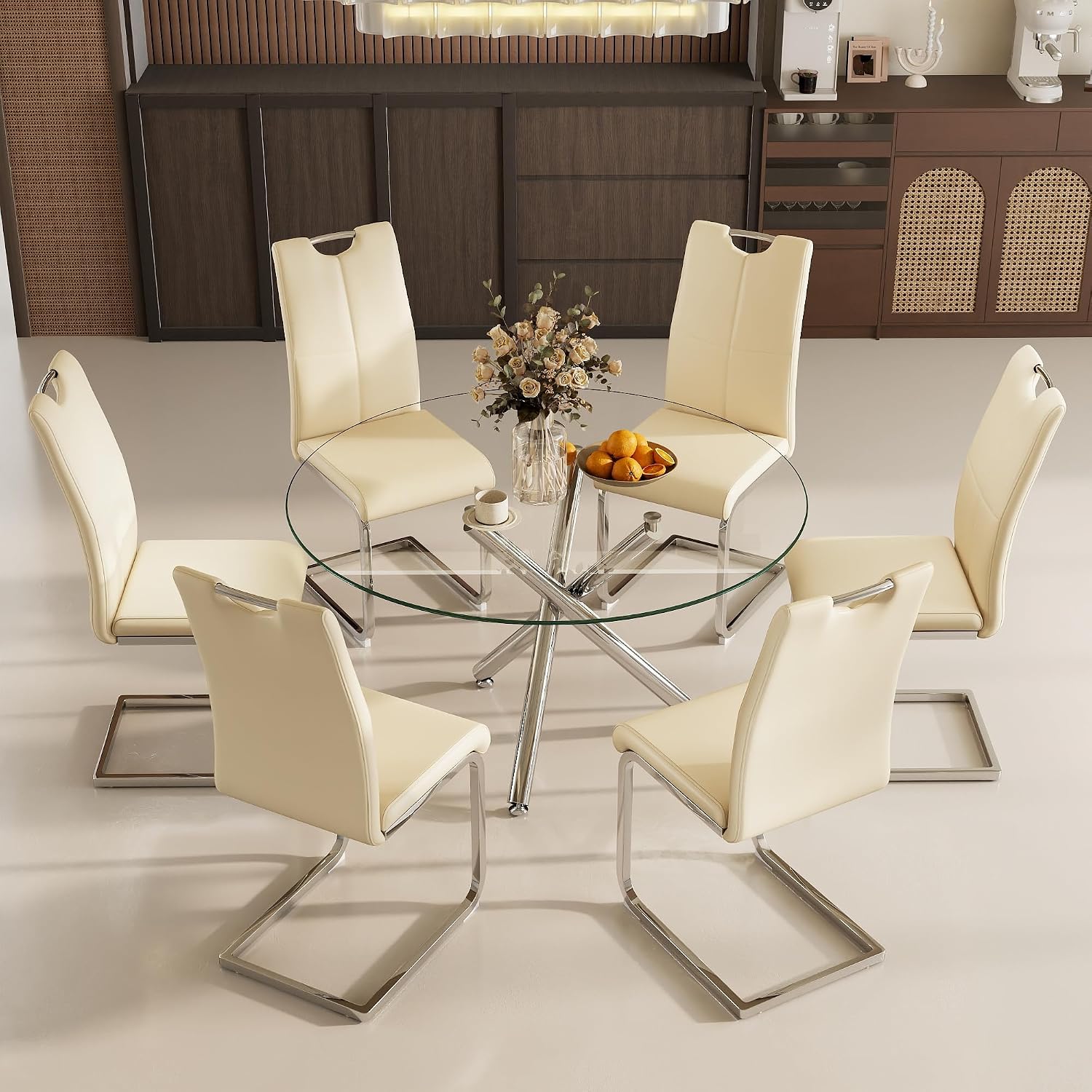 Modern Luxury Round Glass Dining Set for 6, 7 Pieces Clear Circle Glass Kitchen Table with Beige Faux Leather Chairs Set, 47'' Minimalist Circular Dinner Room Set, for Large Place (Silver)