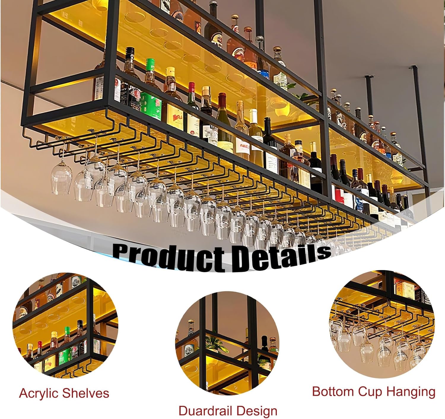 59IN Acrylic Ceiling Wine Glass Rack with Transparent Shelves, Hanging Wine Rack with Glass Holder and LED Lights, 2 Layer Ceiling Bottle Holder Shelf for Bar Kitchen Decorate (59in/150cm)