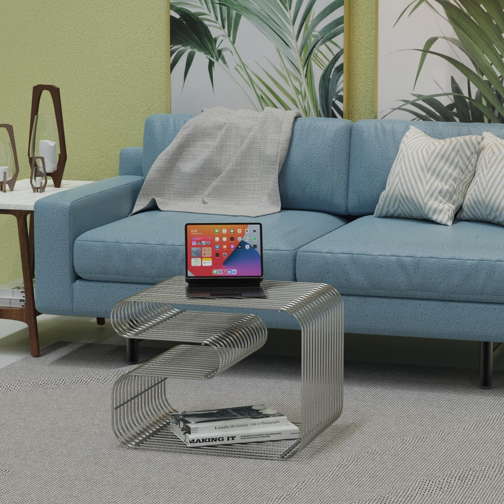 N-Shape Retro Side Table, Accent Bedside Table for Living Room, Stainless Ste...