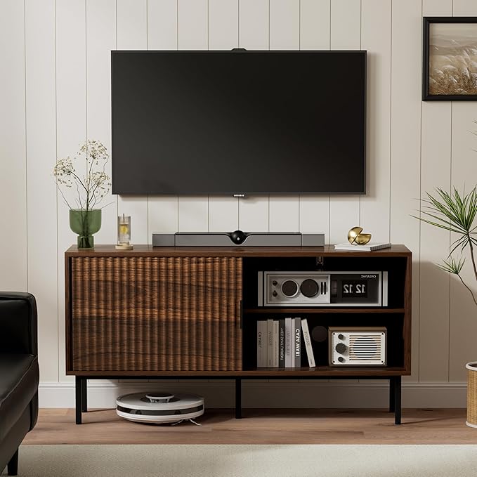 TV Stands Set of 2 for Living Room Farmhouse Entertainment Center with Fluted Sliding Doors TV Console Cabinet with Adjustable Shelf and Storagefor 65, 70, 75 Inch TV, Brown